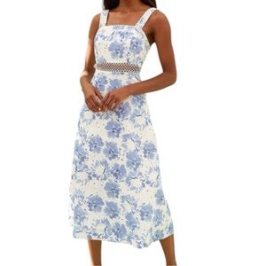 Lulu's Floral Print Midi Dress Crochet Lace Cutout Large White Blue Lavender
